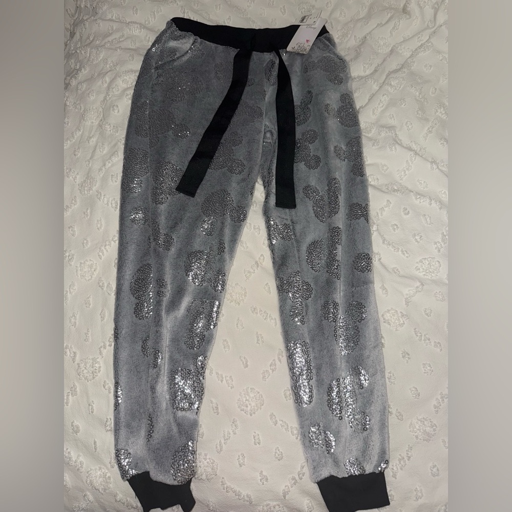 Disney Gray Pajama Pants with Black Tie and Silver Accents